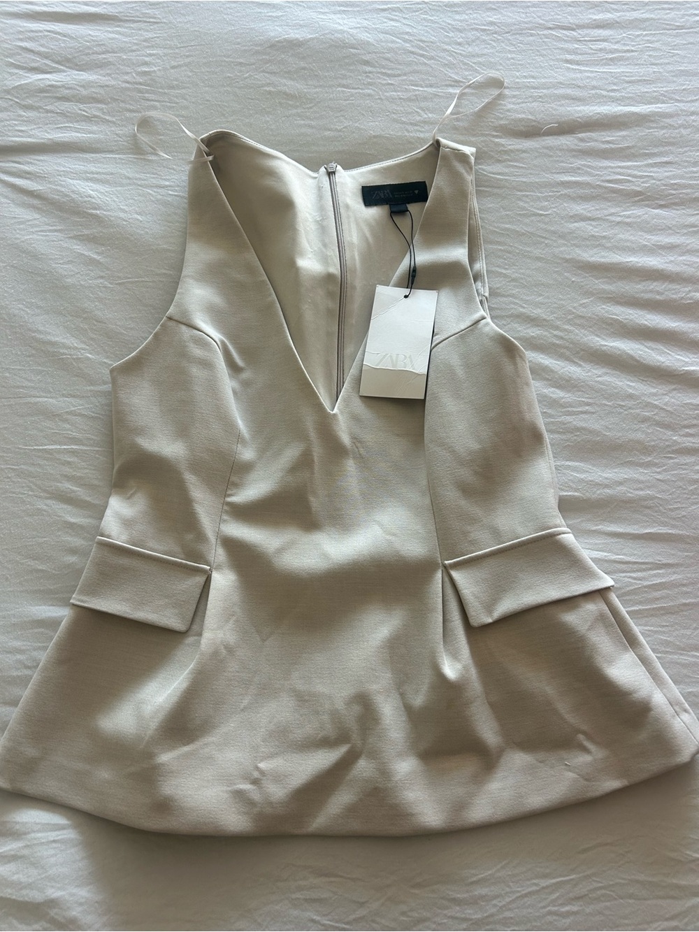 ZARA Cream V-Neck Peplum Camisole with Flap Pocket Detail